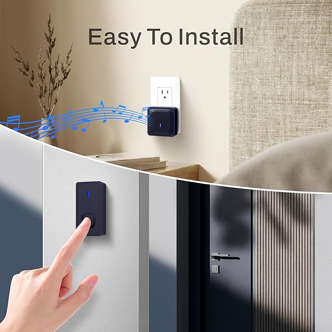 BN-LINK Wireless Doorbell, Waterproof Door Bell Easy Installation, 1000Ft Range, Adjustable Volume& 58 Chimes, LED Flash, Perfect for Homes, Offices, Classroom, Apartments (Black)