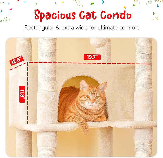 77-Inch Tall Cat Tree, Multi-Level Large Cat Tower with 4 Hammocks, 2 Padded Perches, Cat Condo, Sisal Scratching Posts and Hanging Toys for Adult Cats, Beige