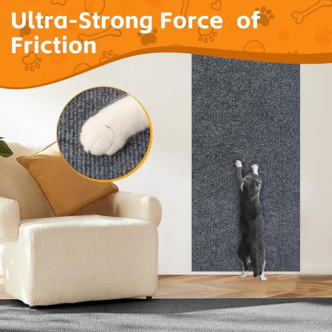 100"x16" Cat Scratch Protector Cat Anti Scratch Furniture Mat Carpet Trimmable Self-Adhesive Pad Strong Viscose Couch Protector Dark Grey
