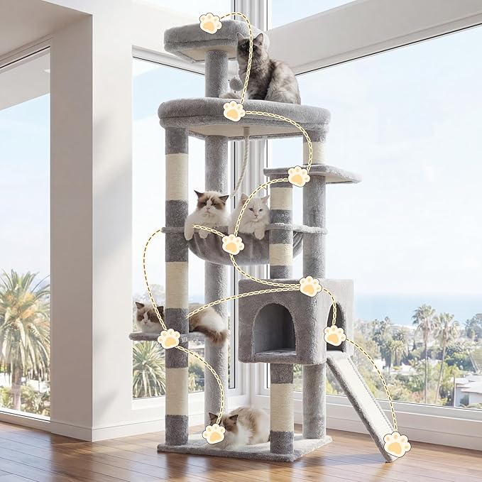 Heybly Heavy Duty Cat Tree, 64.2-Inch Tall Tower for Large Indoor Cats with Widened Structure, Cat Furniture with Big Platforms, Extra-Large Hammock, Sisal Scratching Posts & Board, Light Gray HCT027W