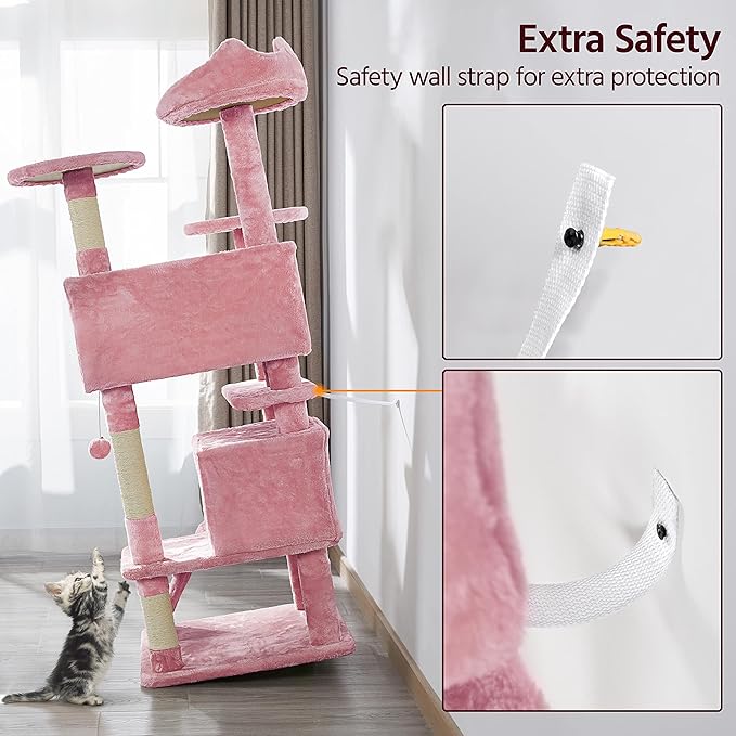 Topeakmart 54in Cat Tree, Cat Tower w/Large Cat Condo Scratching Posts and Perch, Cat Stand House Furniture, Pink