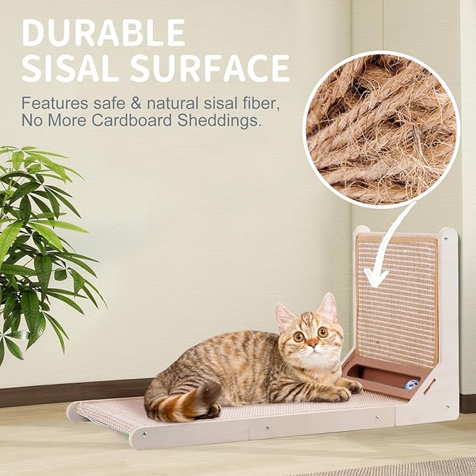 Sisal Cat Scratchers for Indoor Cats, 26.8'' L-Shape Cat Scratching Board, Solid Wooden Cats Scratch Pad with Mouse Toy, Large Cats Scratching Posts to Protect Furniture(Vertical Scratcher)