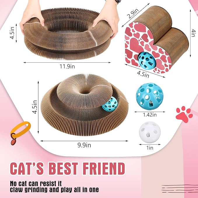 Soulchen 1 Pcs Heart-Shaped Magic Organ Cat Scratching Board, Combinable Cat Toy for Adult Pets, Interactive Cardboard Kitty Scratcher with Bell Ball, Foldable Accordion Scratch Pad