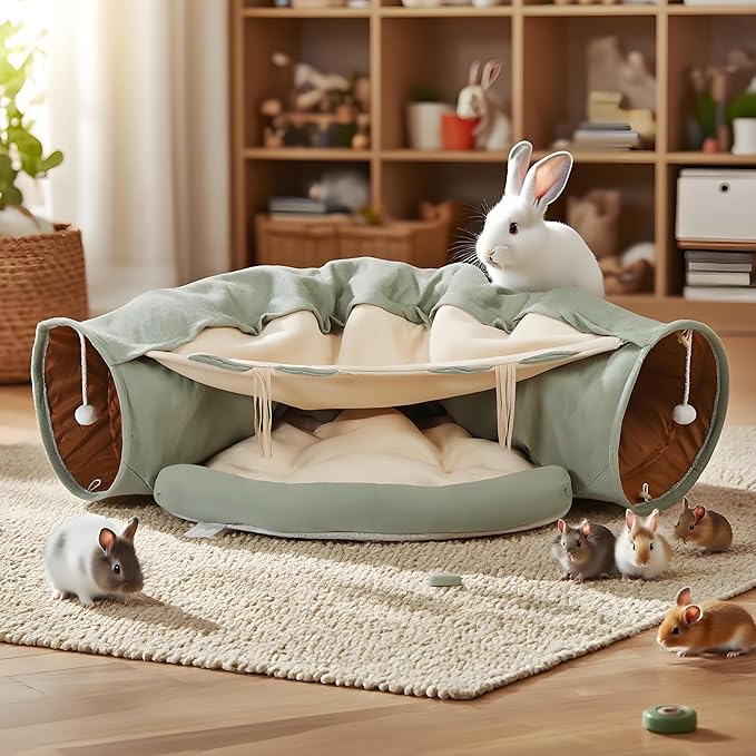 VelvetPaw 2-in-1 Foldable Matcha Bunny Tunnel & Pet Cushion Bed | Collapsible Hideout Toy with Removable Washable Soft Pad | Ideal for Rabbits, Bunnies & Kittens - Indoor Rest, Exercise & Play