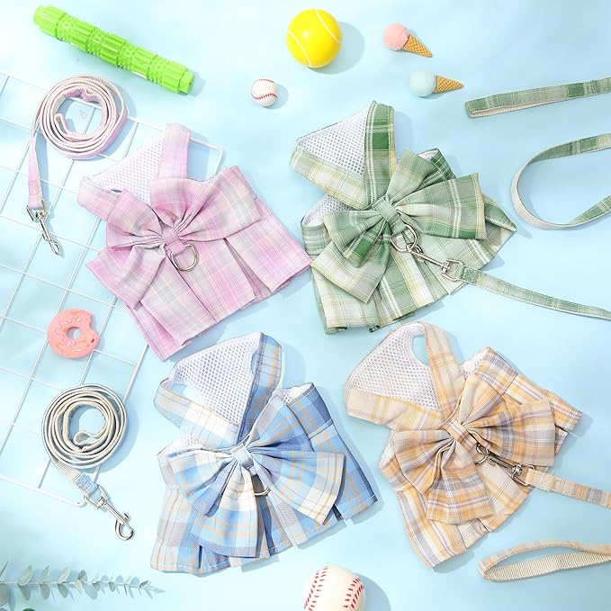 4 Pcs Cute Plaid Dog Dress Set with Bow Tie Harness & Leash for Small Dogs, Puppy Clothes for Girls Outfits(XS,Light Color)
