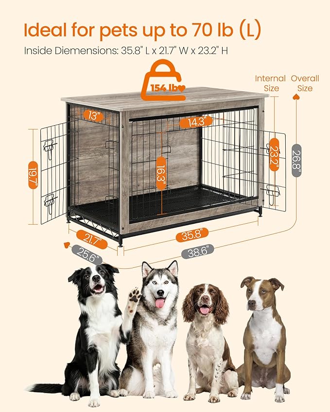 Feandrea 38.6" Dog Crate Furniture, Indoor Dog Cage Side End Table, XL Pet Wood Kennel for Large and Medium Dogs up to 70 lb with Multi-Purpose Removable Tray, Double-Door Pet House, Greige