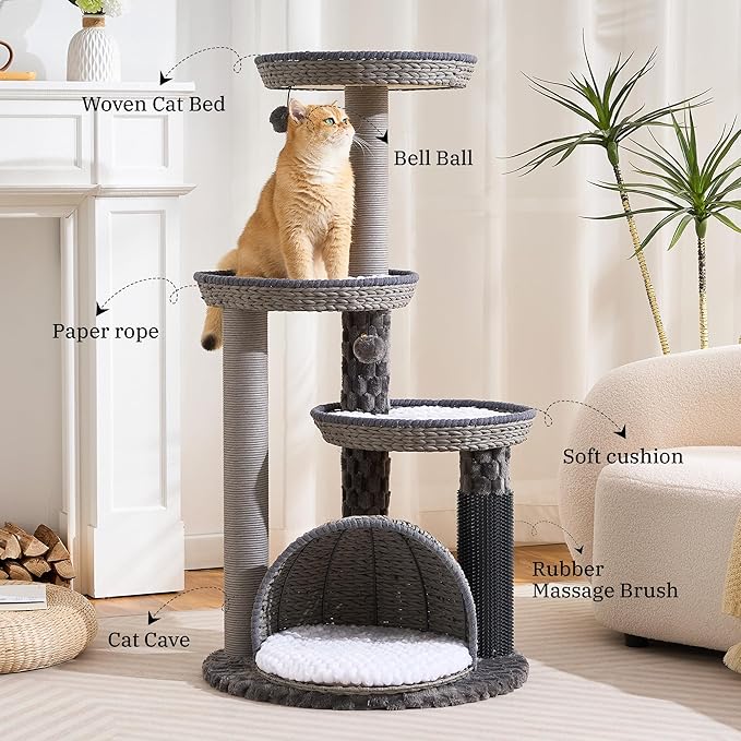 Wood Modern Cat Tree for Large Cat, 46" Tall Cat Tower with Scratching Posts, Cat Condo, Aesthetic Multi-Level Cat Climbing Tree with Hand-Woven Bed for Adult Indoor Cats-Grey