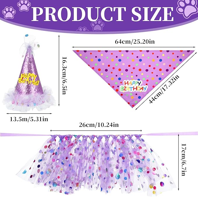 Dog Birthday Hat with Glitter Bandana Dress Set Puppy Birthday Party Supplies Cute Tutu Skirt Costume Outfit for Small Medium Large Dogs Cats Kitten Pet Decorations Purple