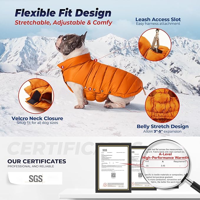 SPACE LION Dog Puffer Jacket, Down Winter Coat, Durable Outdoor Coat for Cold and Windy Conditions, Lightweight & Adjustable Fit Coats for Large Dogs,(Orange, Size24/2XL)