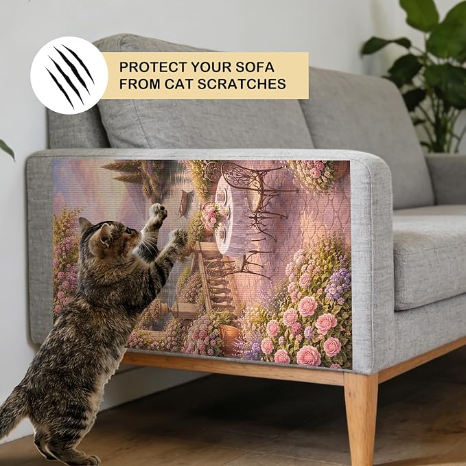 Nuxovilar Cat Wall Scratcher 15.3x23.6 Inches Polyester Synthetic Fiber, Lakeside Floral Patio Print, wall scratchers for Indoor Cats, cat Scratching mat, Home Decor, Balcony, Sunroom (2pcs)