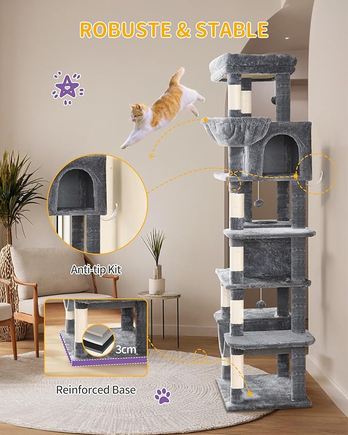 Cat Tree, 66.9" Large Cat Tower for Indoor Cats, Multi-Level Cat House with Condo, 8 Scratching Posts, Hammock, 4 Pom Poms, Dark Grey MS17018SG