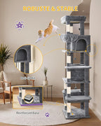 Cat Tree, 66.9" Large Cat Tower for Indoor Cats, Multi-Level Cat House with Condo, 8 Scratching Posts, Hammock, 4 Pom Poms, Dark Grey MS17018SG