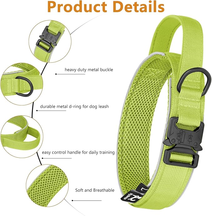 HYDEME Tactical Dog Collar, Alpine Loop Adjustable Military Training Nylon Dog Collars with Handle and Reflective for Small Medium Large Dogs, with Airtags Protective Case & Patches.(M,GrassGreen)