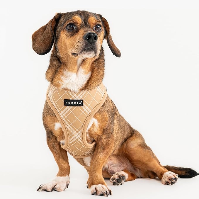 Puppia Corwin Dog Harness A (Over-The-Head) Fashionable Checkered Pattern Spring Summer Harness for Small and Medium Dogs, Beige, Medium