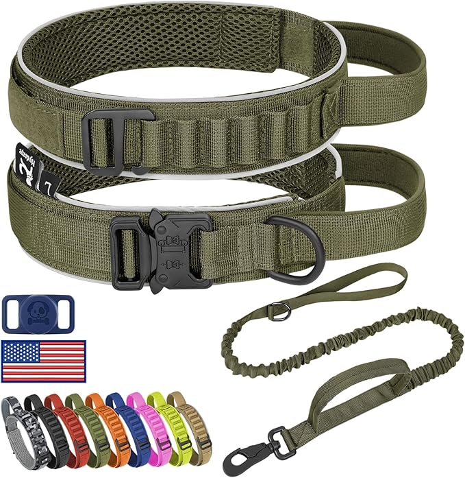 HYDEME Tactical Dog Collar and Leash Set, Alpine Loop Adjustable Reflective Military Training Nylon Collar with Handle Shock Retractable Leash for Small Medium Large Dogs (M, OliveGreen-Set)