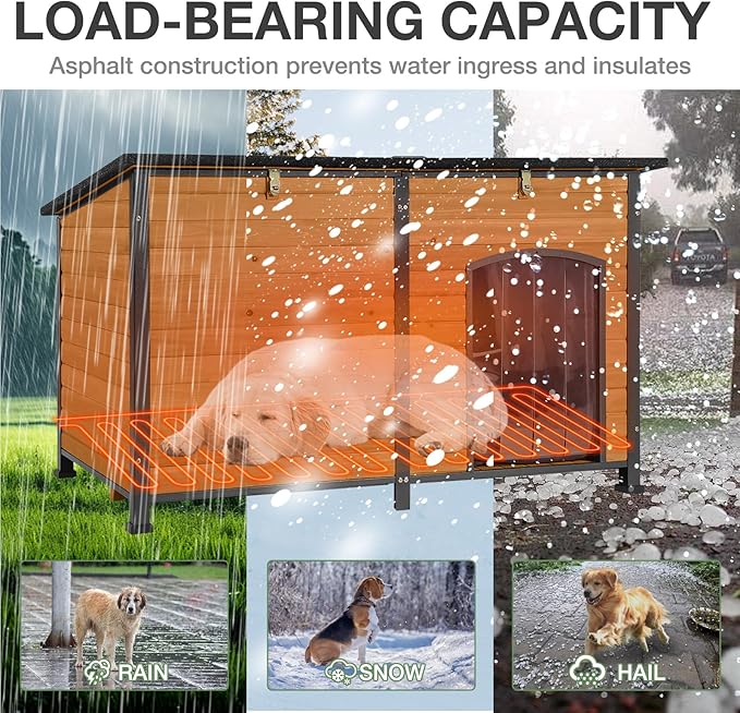 59.1’’ Extra Large Heated Dog House Outdoor for Winter, Insulated Dog Kennel with Metal Frame, Weatherproof Dog Shelter with Heating Pad and All-Around Insulated Liner for Large Breed Outside (Brown)