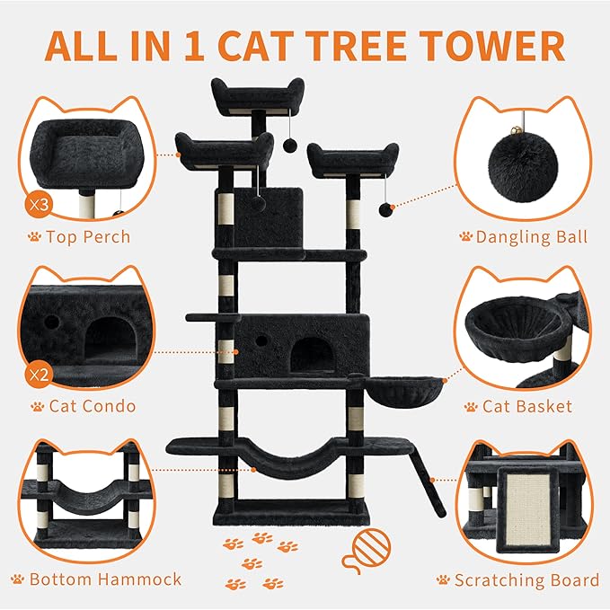 68.5 in Multi-Level Cat Tree for Indoor Cats Large Adult Heavy Duty Cat Tower for Large Cats with 2 Condos/Plush Perches/Sisal Scratching Posts/Hammocks/Basket/Dangling Balls, #2604 Dark-Grey