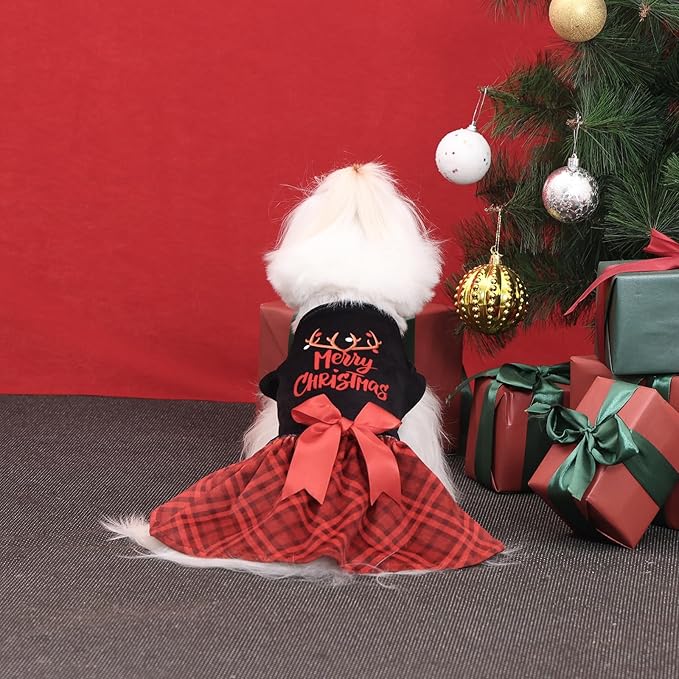 CuteBone Christmas Dog Dresses Velvet Holiday Small Dogs Clothes Onesie Pet Apparel Girl Puppy Skirt with Bow Hair Rope CVA59S-D