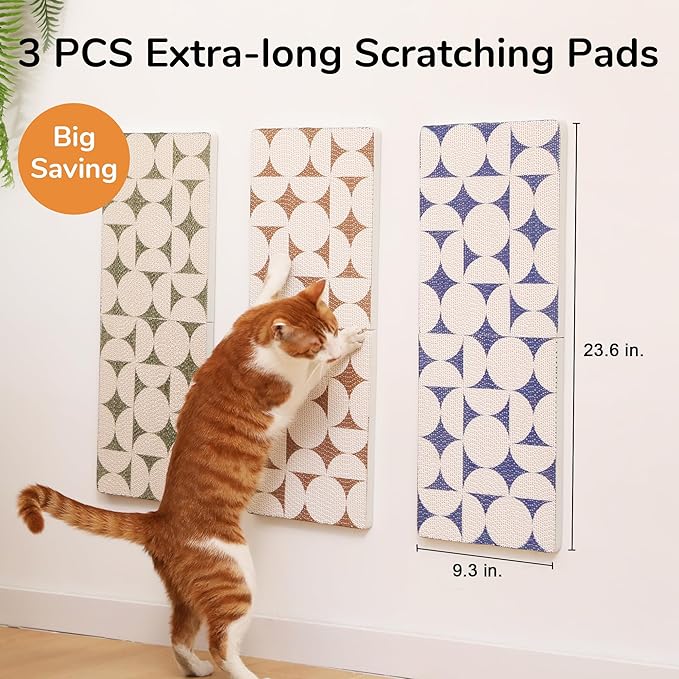 FUKUMARU 3PCS Cat Scratcher Wall Mounted, 23.6 Inch Extra Long Cardboard Cat Scratch Pad for Wall, High-Density Cats Scratching Board Indoor, Kitten Scratching Pads for Corner Door