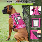 Tactical Service Dog Vest and Leash Set,Heavy Duty No Pull Dog Harness and 10 Patches with Dog Seat Belt for Large Dogs,Reflective Pet Harness for Training Walking Hiking Camo Pink XL