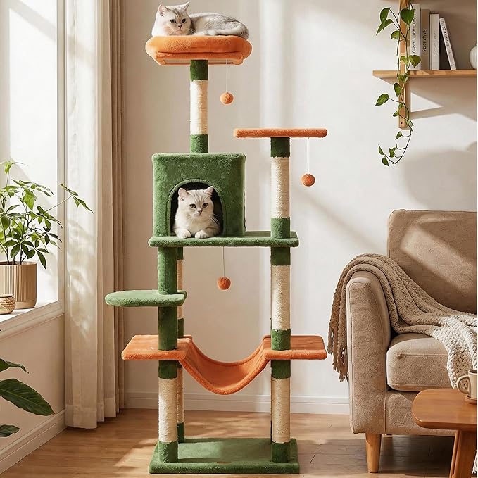 PETSITE Multi-Level Cat Tree, 58 Inches Tall with Sisal Scratching Posts, Condo, Hammock, Dangling Balls, Jumping Platforms, and Cozy Top Perch, Ideal for Indoor Cats to Play and Rest (Green)