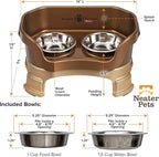 Neater Feeder Deluxe Mess-Proof Elevated Cat Bowls, 2 Height Adjustable (6” & 7.5”) No-Spill Raised Cat Bowl Stand, Whisker Friendly Stainless Steel Dishes for Indoor Cats, Made in USA, Bronze