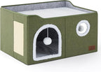 Bedsure Large Cat Beds for Indoor Cats - Extra Wide Cat Cube House for Small Pet with Fluffy Ball Hanging and Scratch Pad, Foldable Pet Cave Hideaway for Multiple Cats, 23.6x16.9x13 inches