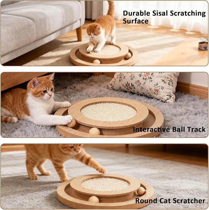 Cat Scratcher Round Natural Sisal Scratching Pad Interactive Scratcher Toys for Indoor Small Cats and Kitten Chasing Hunting Mental Physical Exercise Puzzle