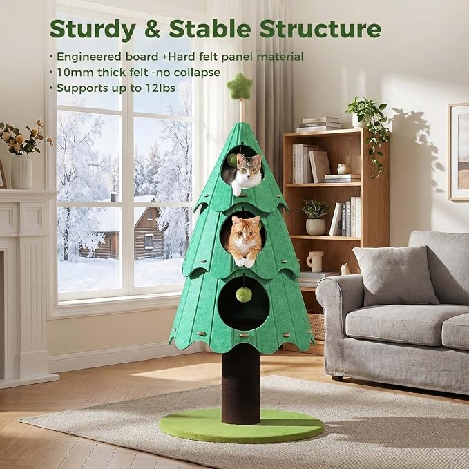 53 Inch Christmas Cat Tree for Indoor Cats, Cat Tower with 3 Condos & 4 Pompoms, Multi-Cat Furniture with Holiday Felt Stickers, Activity Center & Beds, Green