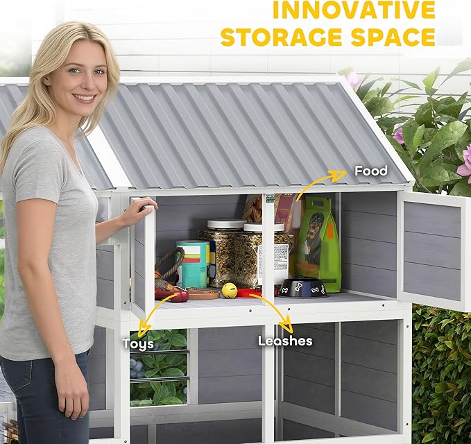 PawHut Dog House Outdoor Indoor, 79" x 41" x 63" Wooden Dog Shelter with Porch, Storage Cabinet, Weatherproof Roof, Elevated Floor, Air Vents & Observation Windows, Large Pet Shelter for Large Breeds