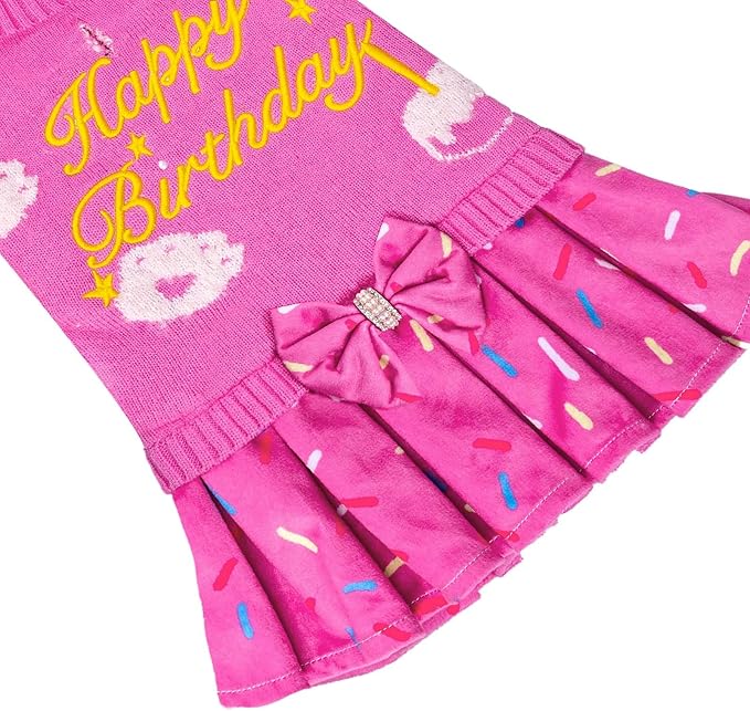 CuteBone Pink Dog Sweater Dress Happy Birthday Pet Sweater Sweaters for Medium Large Dogs with Bowtie Pullover Pupply Clothes Cats Clothes