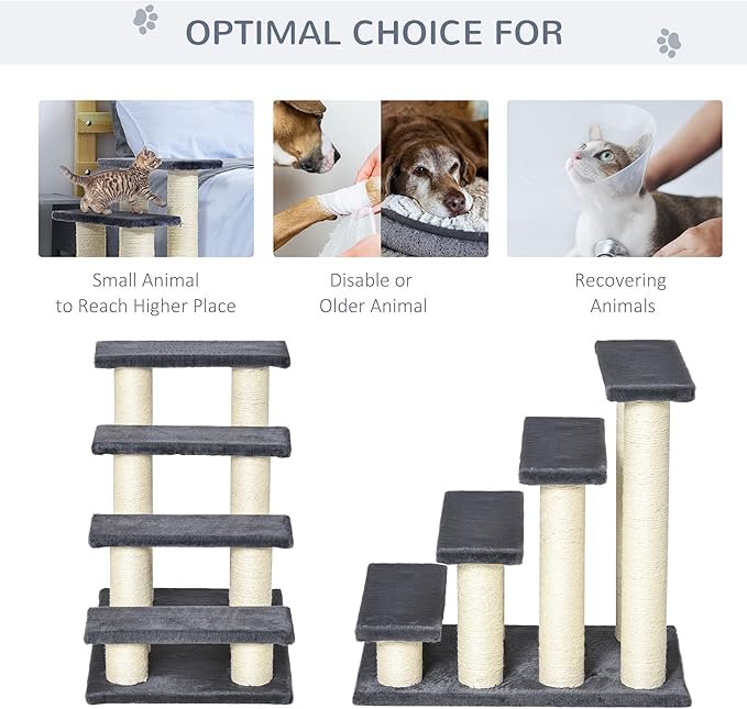 4 Levels Pet Stairs for High Beds Couch, Cute Stair Shaped Cat Tree for Indoor Cats or Dogs with Scratching Post, Hanging Play Ball, Gray