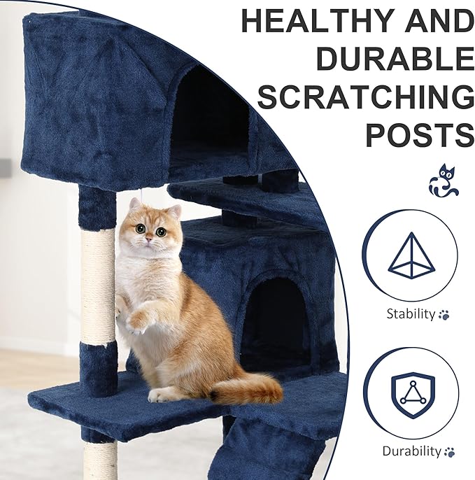 70" Multi-Level Cat Tree Tower with Scratching Posts, Toys & Condo - Space-Saving Design for Indoor Kittens, Compact Floor Footprint & Vertical Space for Multi-Cat Homes-Navy Blue