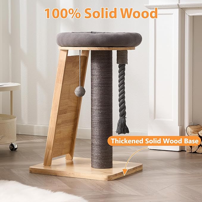 Modern Cat Tree Small Tower with Scratching Post for Indoor, Solid Wood Multifunctional Corner Cat Tree Tower with Bed, Dangling Ball,Interactive Rope, Scratching Board