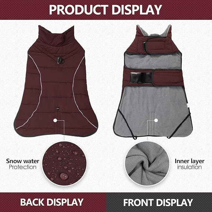 Dog Coats for Medium Large Dogs, Winter Puffer Jacket Waterproof, Warm Fleece Dog Vest with D-Ring, Drawstring & 2 Hidden Elastic Bands, Quilting Large Pet Warm Jackets for Cold Weather
