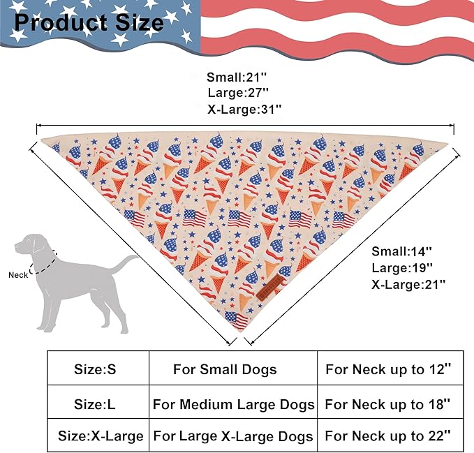 ADOGGYGO American Flag Dog Bandana, Ice Cream Hamburg Flag Pet Scarf, Premium Durable Fabric, Patriotic 4th of July Bandanas for Medium Large Dogs Pets (Large)