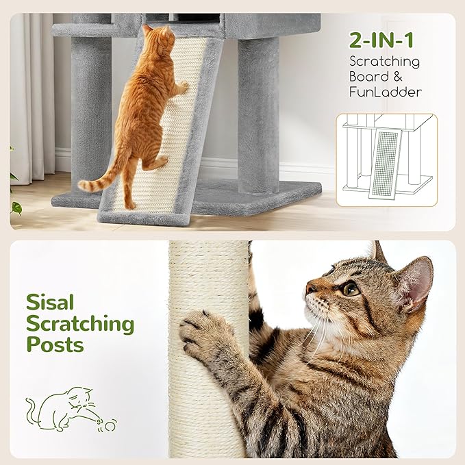 Globlazer 45" Cat Tree for 2-3 Medium Cats, Multi-Level Cat Tower with Scratching Board for Kittens and Senior Cats, Condo & Hammock Space Saving Cat Tower, F45, Light Gray