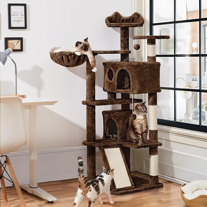Yaheetech 57 inches Cat Tree for Indoor Cats, Multi-Level Cat Tower w/ 3 Perches, 2 Cat Condos, 2 Hanging Balls and Scratching Posts, Brown