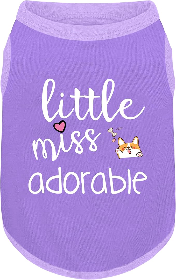 Cotton Dog Shirt with 'Little Miss Adorable' Corgi Head Print, Soft & Breathable Pet Apparel for Small, Medium, and Large Dogs, All-Season Sleeveless Vest, Cute and Comfortable Dog Outfit.Purple S
