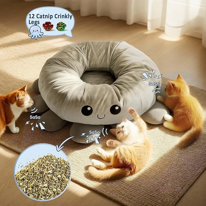Cat Tunnel Bed for Indoor Cats, Peekaboo Cat Cave Bed with 20 Pcs Cat Toys, Soft Cat Donut Tunnel for Kitten Large Cats, Grey Octopus