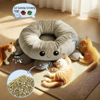 Cat Tunnel Bed for Indoor Cats, Peekaboo Cat Cave Bed with 20 Pcs Cat Toys, Soft Cat Donut Tunnel for Kitten Large Cats, Grey Octopus