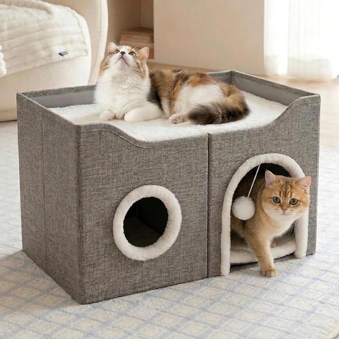 Eolahalcy Cat Beds for Indoor Cats - Large Cat Cave for Pet Cat House with Fluffy Ball Hanging and Scratch Pad, Foldable Cat Hideaway, 23.8x15.9x13.2 inches, Grey