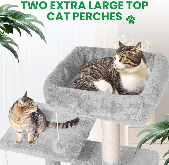 54 Inches Large Cat Tree Tower for Indoor Cat, Tall Cat Tower with Scratching Posts, Cat Condos, Cat Hammock, Pompoms, Top Perches, Sisal Rope, for Bed Room, Living Room (Light Grey)