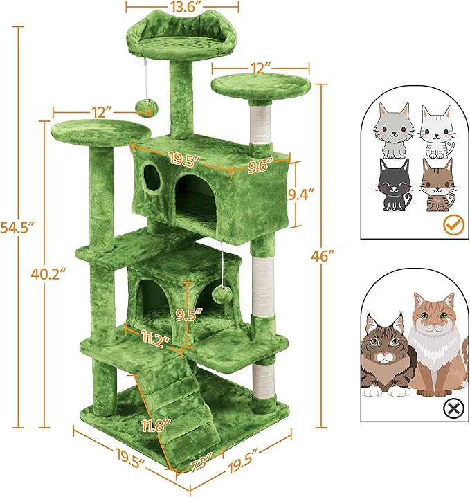 Topeakmart 54in Cat Tree with Scratching Posts Spacious Condos Furry Hanging Ball Cat Climbing Tower for Indoor Cats and Kittens, Green