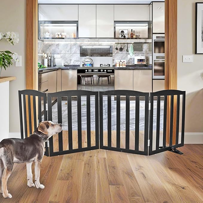 Freestanding Dog Gate Indoor,Doggie Gate Foldable Pet Gates for Doorways,Stairs or Hallways, Wooden Black Pet Gate for the House, Pet Fence with Support Feet Included,24 "Height-4 Panels