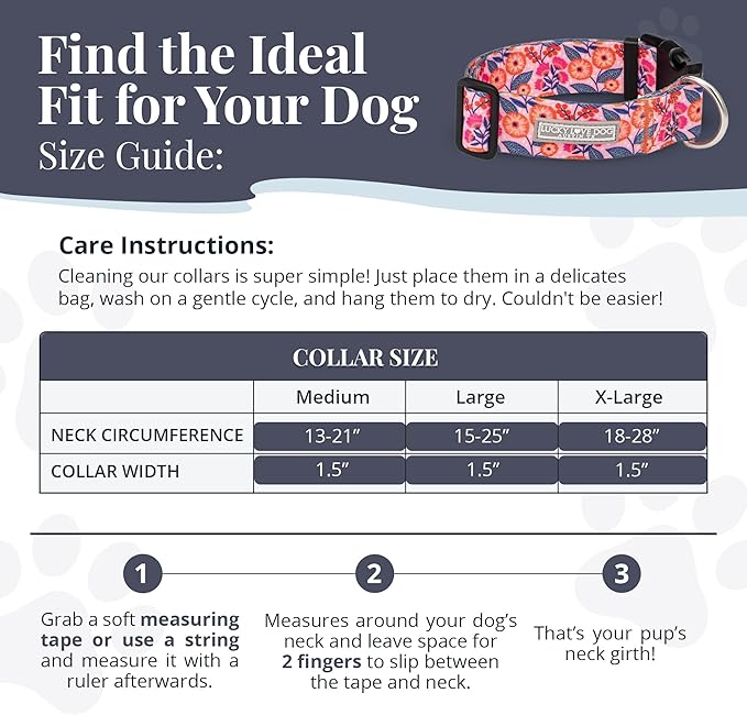 Lucky Love Dog Wide Dog Collar - Adjustable, Durable, Soft Webbing, & Comfortable 1.5 inch Wide Collar with Strong Buckle for Dogs Male and Female with Strong Buckle - Rosie, Medium