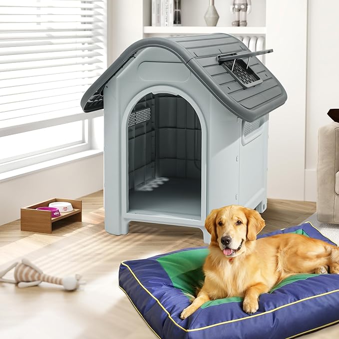 DWVO 39.4'' Plastic Foldable Dog House for Small, Medium, and Large Dogs, Waterproof Folding Pet House with Adjustable Top Window and Elevated Base (39.4''L x 33.5''W x 37.8''H)