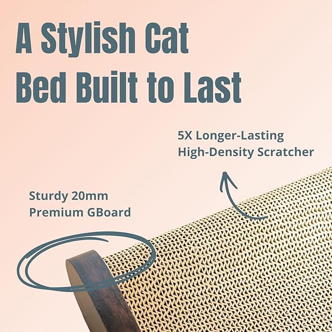 Claw Surfer Cat Bed - Cat Scratcher Bed & Lounge – Heavy Duty High-Density Cardboard, Lasts 5X Longer. Modern Curved Scratching Pad with 20mm White Frame. Non-Toxic, No Mess, Espresso