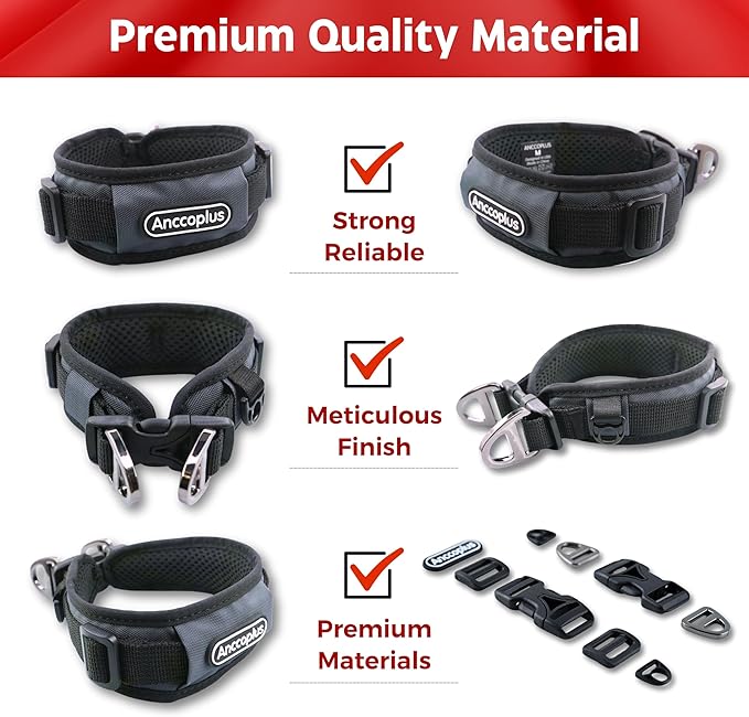 Comfort Fit Dog Collar, Anti-Choke Neck Safe Dog Training Collar, Wide Padded, Breathable, Adjustable with Dual D-Rings, Soft Cushion Neck Protector for Dogs (M, Gray)