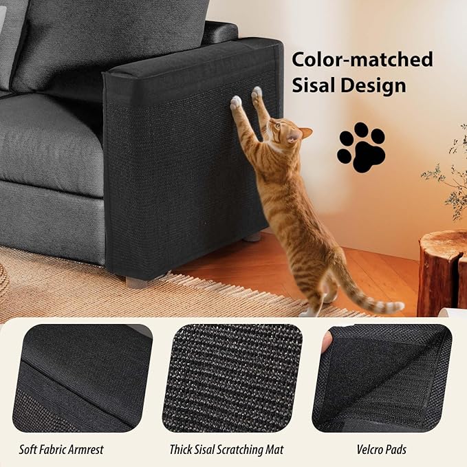 Couch Protector from Cat Claws - Cat Scratch Sofa Protector Universal Fit on Both Arm Sides with Black Sisal Pad for Leather and Fabric Sofa,27.5 * 19.7 inch Expanded Coverage Sisal Area(Black)